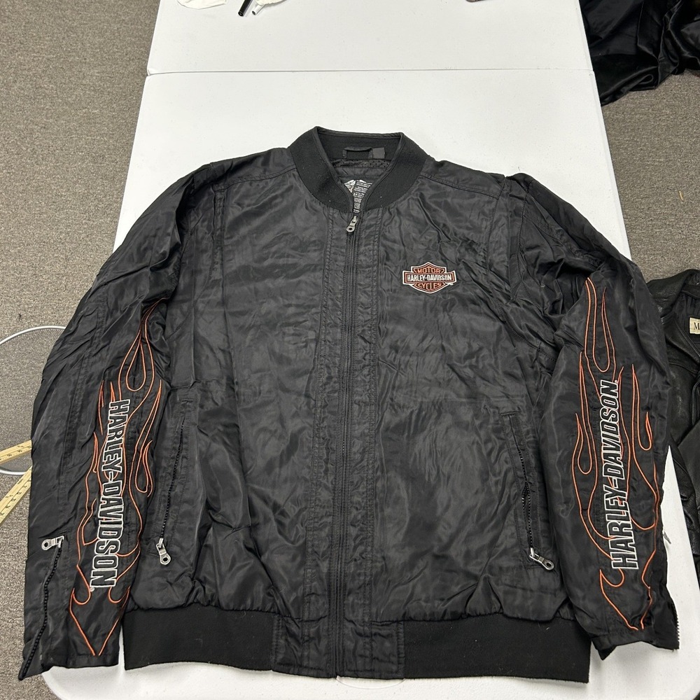 Harley Davidson Bomber Jacket Mens XL Black Nylon Flame Embroidered Moto E1